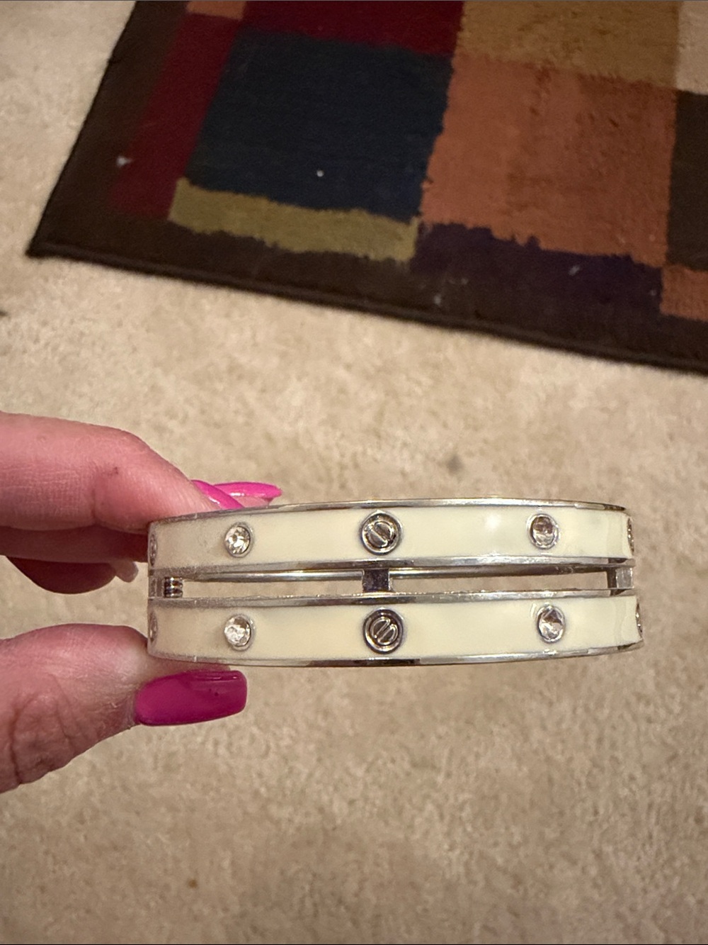 Ivory Enamal and Silver-Tone Rhinestone Bangle Bracelet